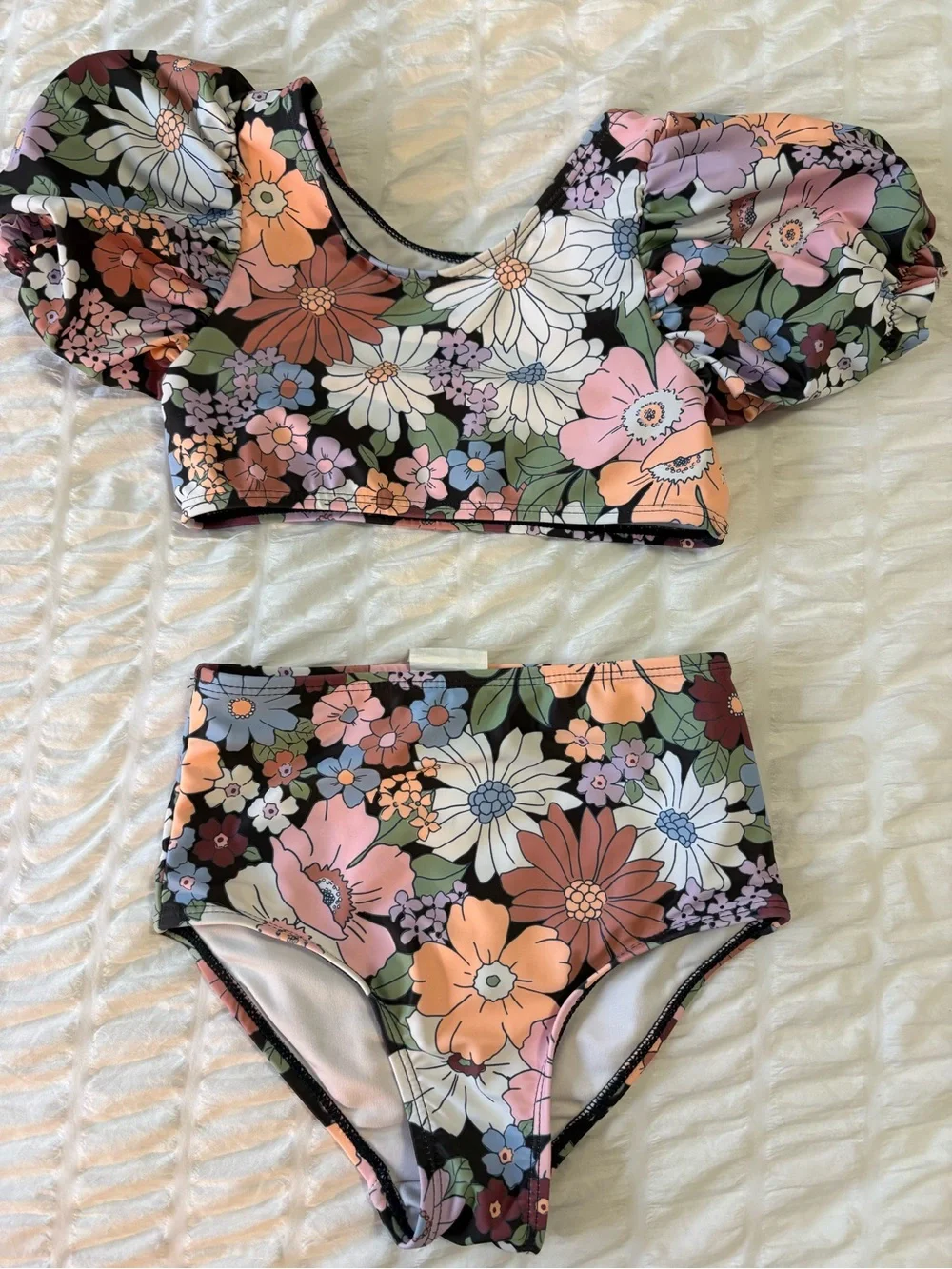 Cotton On Floral Puff-Sleeve Kids Bikini in Black, Pink, Peach & Green